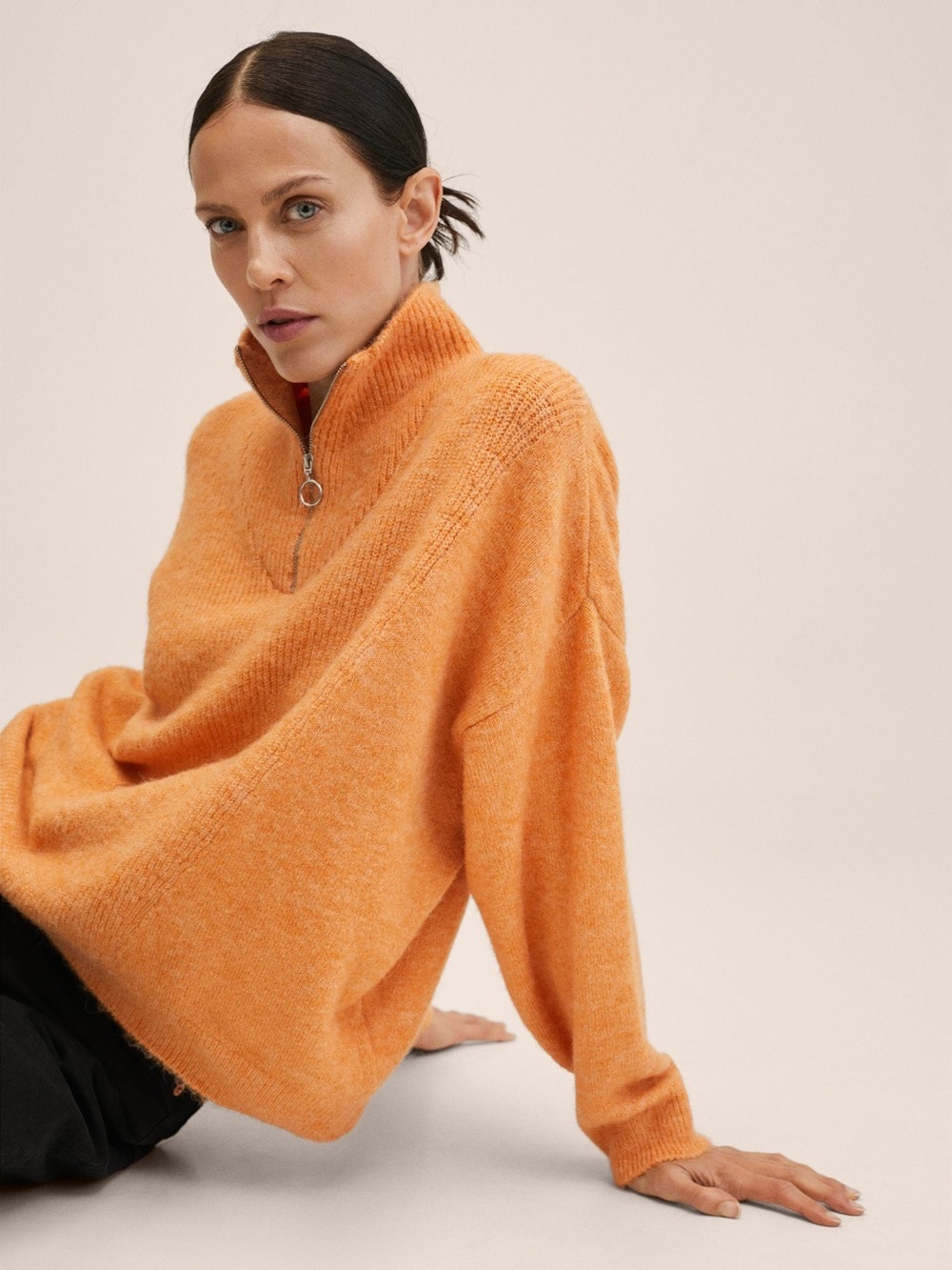 MNG Mango Orange Quarter Zip Ribbed Chunky Knit Wool Blend Sweater Women’s M New